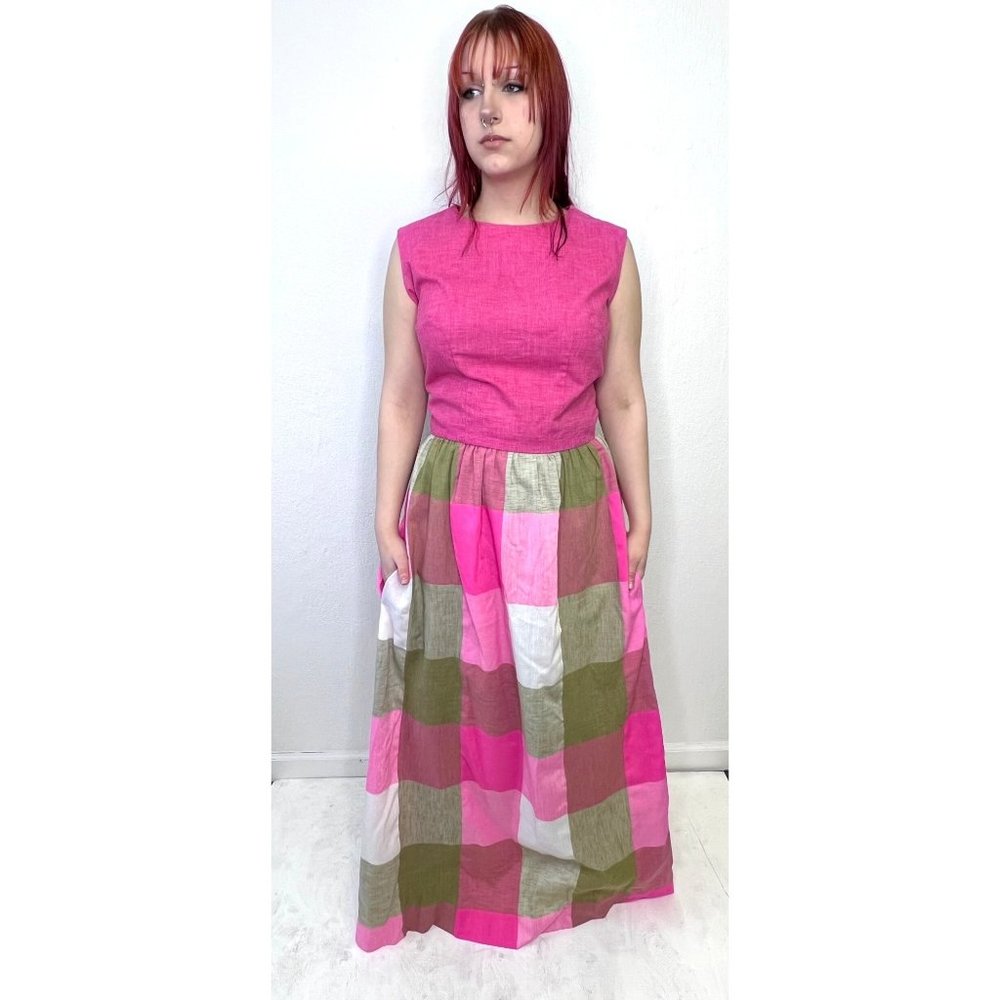 Vintage 70s Pink Checkered Maxi Long Hostess Dress M Medium Party Festival - Picture 6 of 6